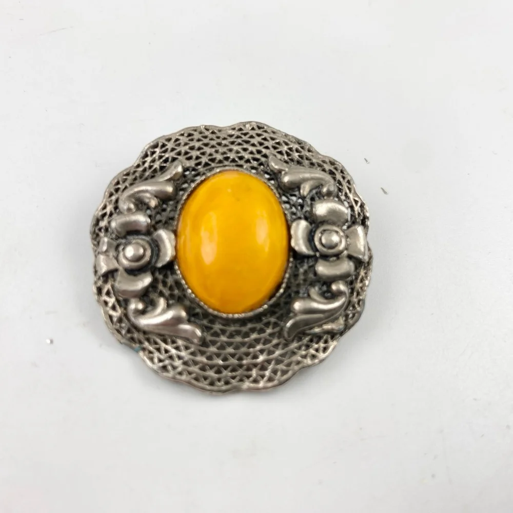 Vintage Chinese Export Filigree Orange Faux Amber Brooch Silver. - Picture 3 of 6